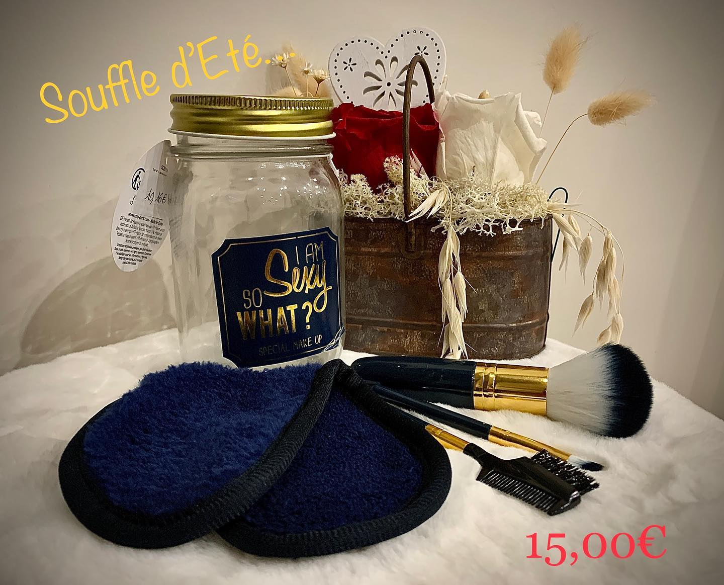 Kit de beauté contenant une lingette démaquillante à l'eau uniquement et réutilisable + pinceaux cils, sourcils, et poudre...